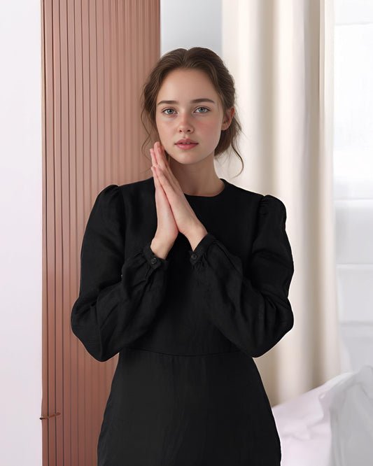 Elegant Black Linen Mini Dress – Long Sleeve A-Line Dress for Effortless Chic | SKU.25T11T5C