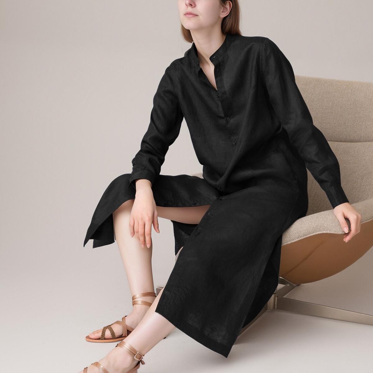 Linen Shirt Dress for Women, Long Sleeve Button Down Dress, Mandarin Collar Casual Dress, Loose Fit Linen Dress | SKU.25T15T3E