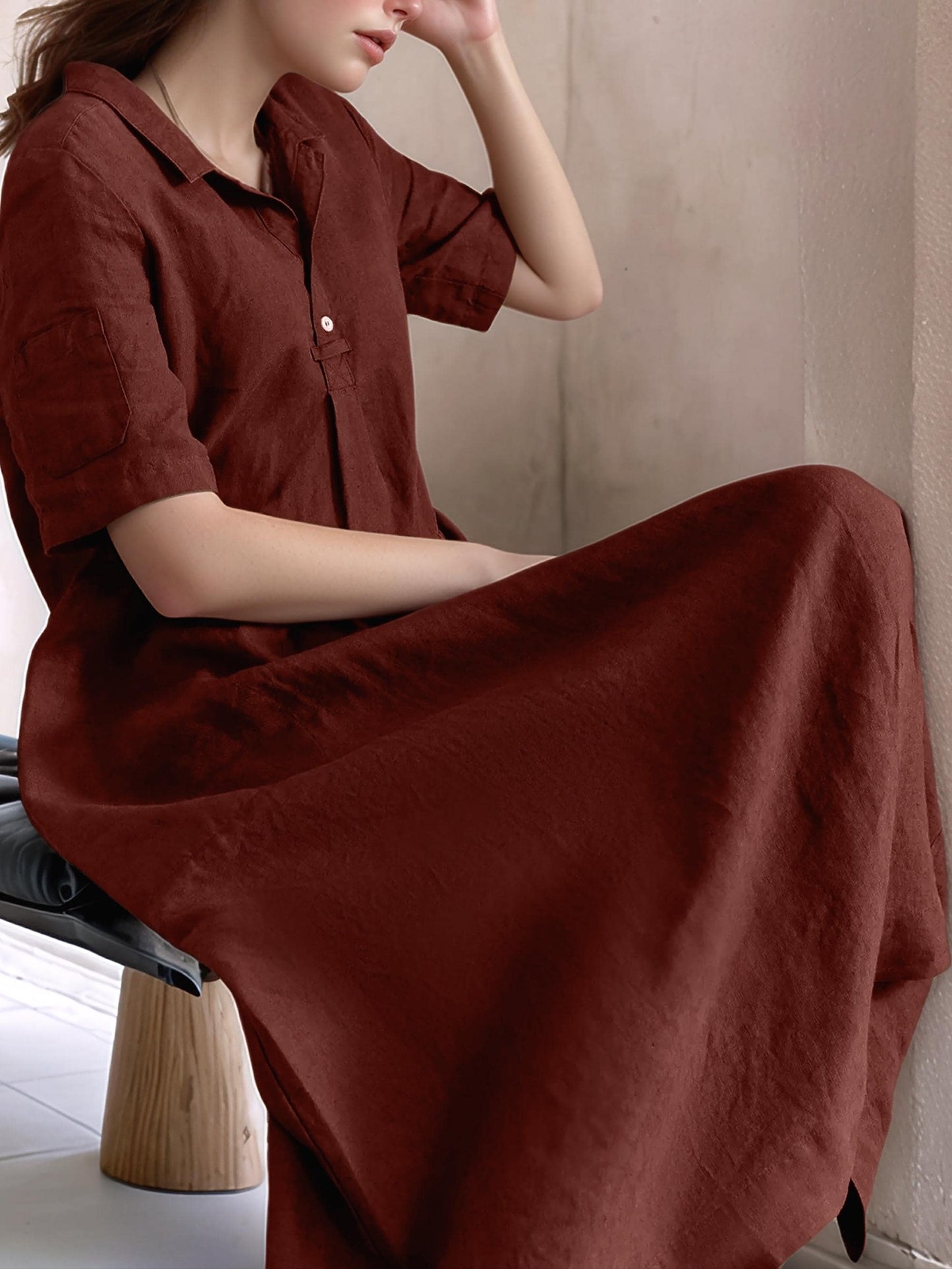 Linen Polo Midi Dress - Short Sleeve, Button Front, Relaxed Fit, Summer Casual, Pockets, Custom Sizing | SKU.25T15T4G
