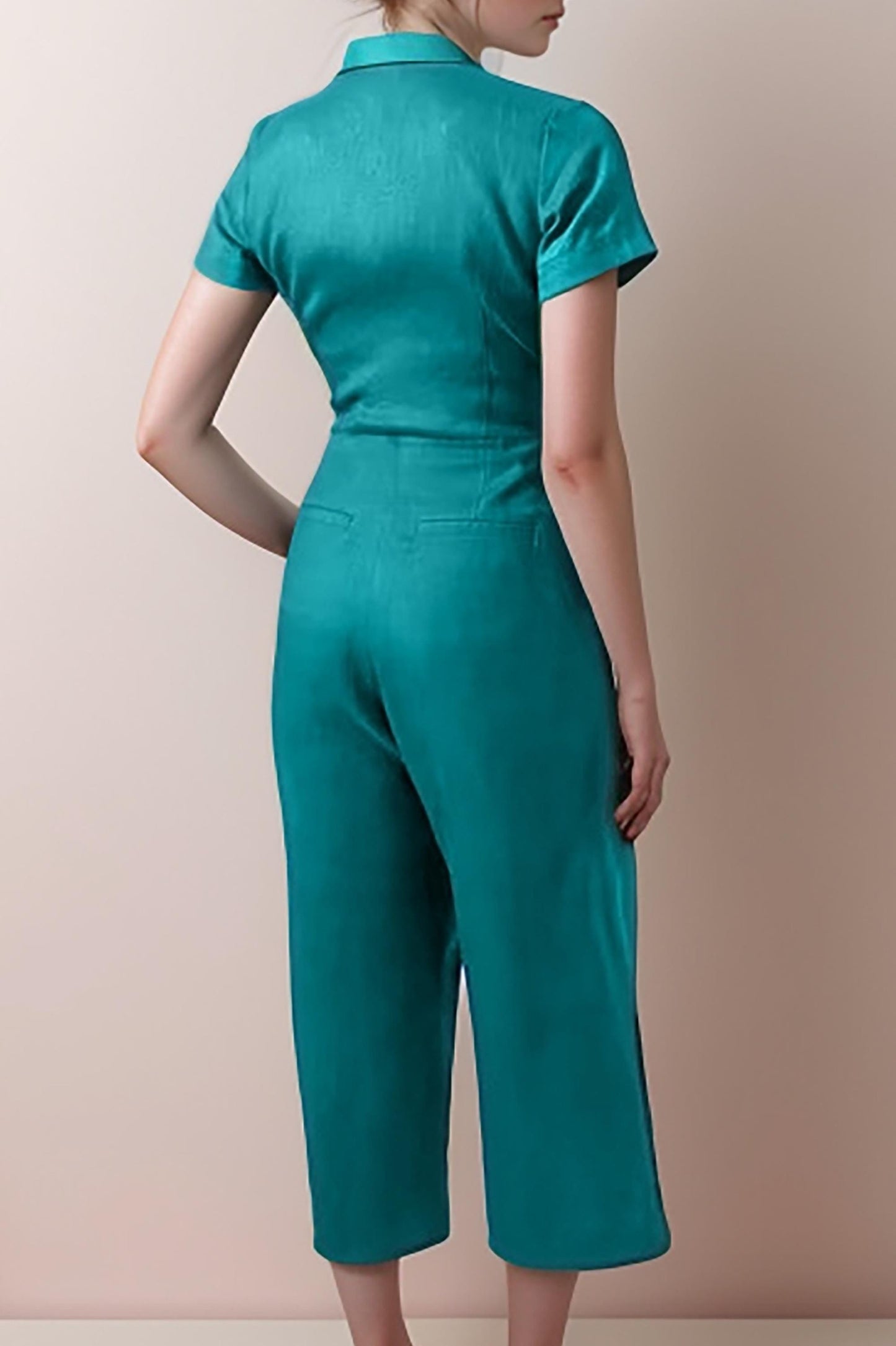 Teal V-Neck Jumpsuit – Elegant Wide-Leg One-Piece with Waist Tie for Effortless Style | SKU.25T11T7I
