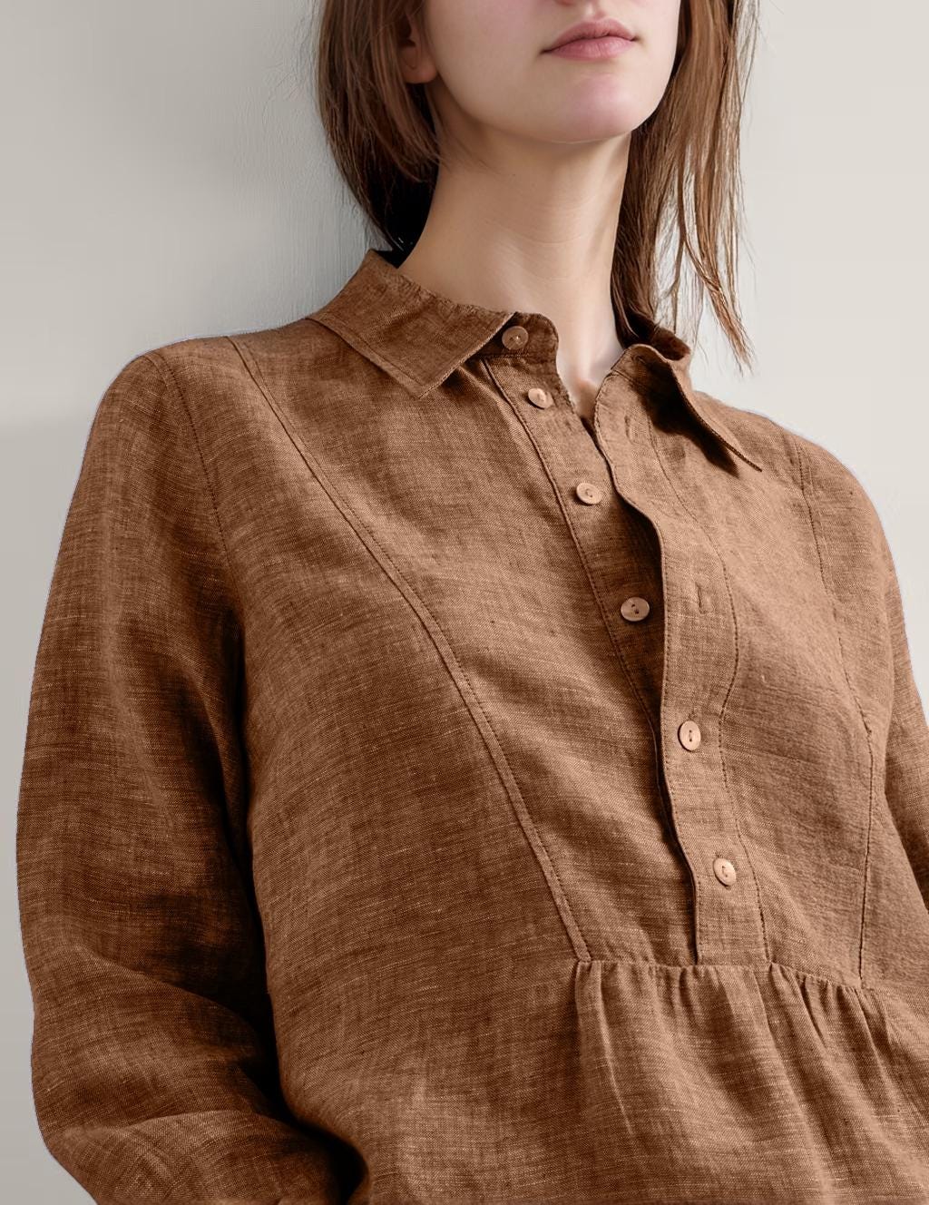 Linen Tunic Shirt for Women - Long Sleeve Blouse with Half Button Front, Collared Top with Seam Detail | SKU.25T22T3Y