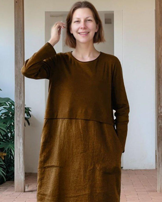 Linen Long Sleeve Shift Dress, Relaxed Fit, Pockets, Minimalist Fall Style, Brown Velvet, Casual Winter Dress | SKU.25T14T7G