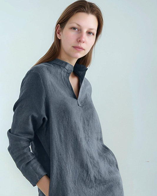 Relaxed Fit Linen Shirtdress with Mandarin Collar, Henley Neckline, Long Sleeve, Side Slit Pockets, Everyday Casual Tunic | SKU.25T22T2N