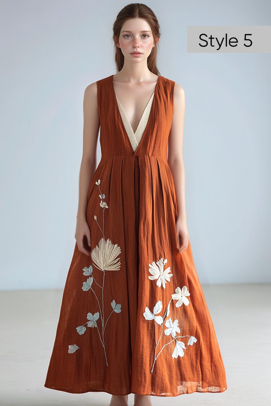 Boho Embroidered Linen Flowy Dress - Intricate Sharp Floral Embroidery, Vintage Inspired, Customizable Summer Midi Dress | SKU.25T20T3K
