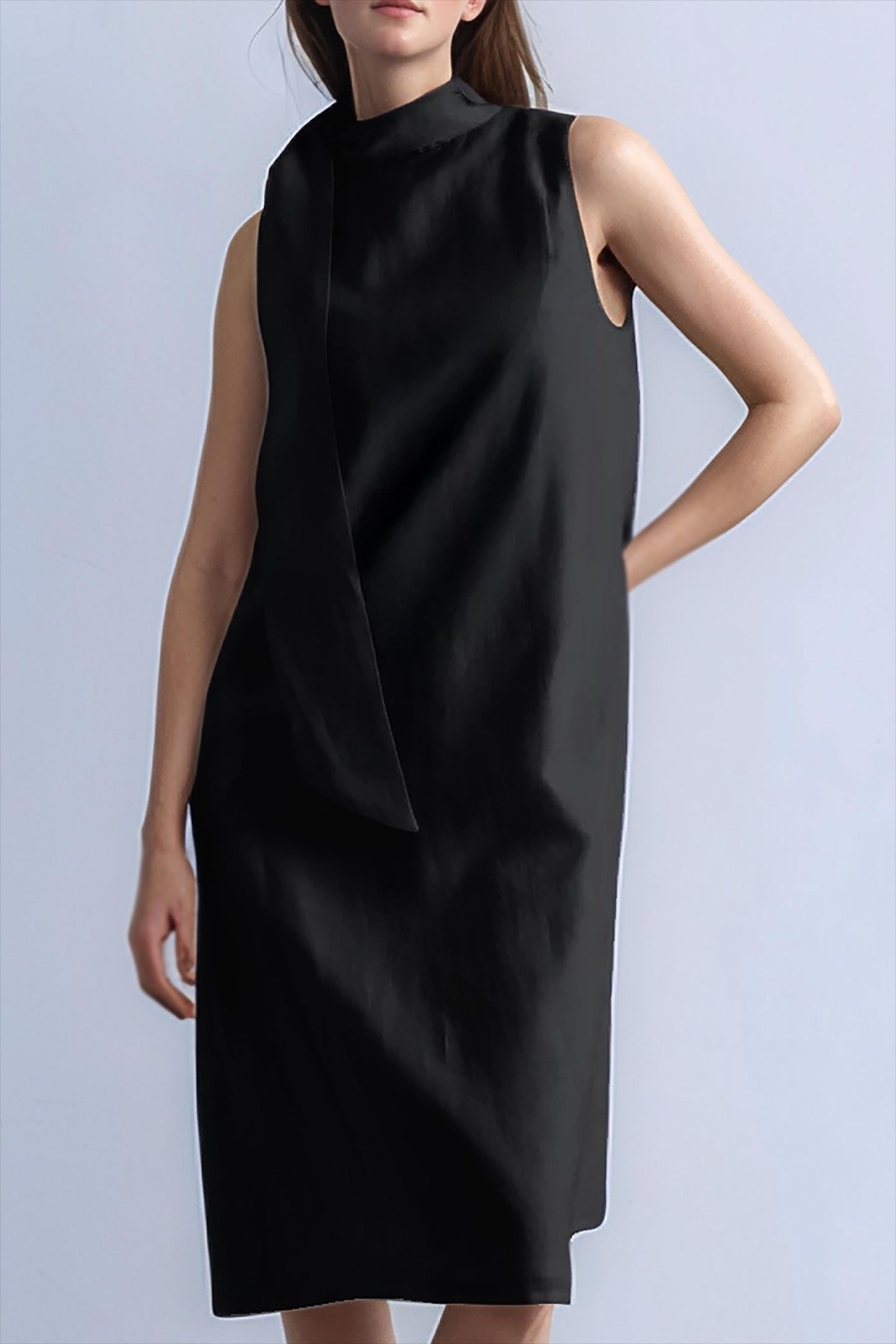 Elegant Black Sleeveless Shift Dress – Minimalist Asymmetric Neckline | SKU.25T11T3A