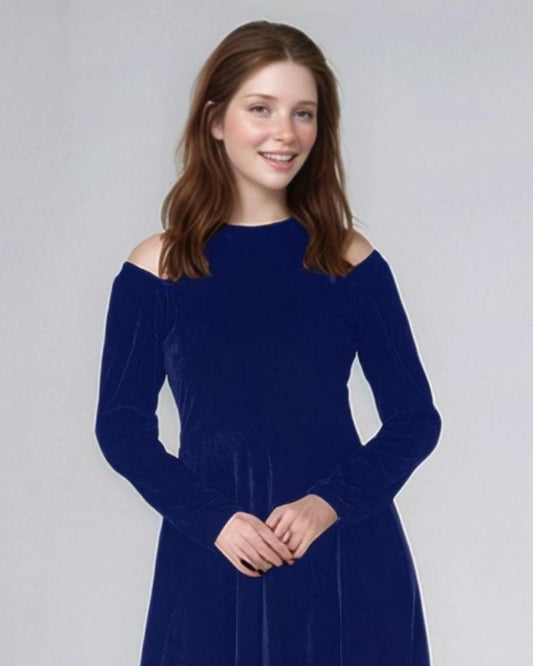Dark Plum Velvet Midi Dress – Off Shoulder Long Sleeve Fit and Flare Party Dress for Women | SKU.24T17T5H