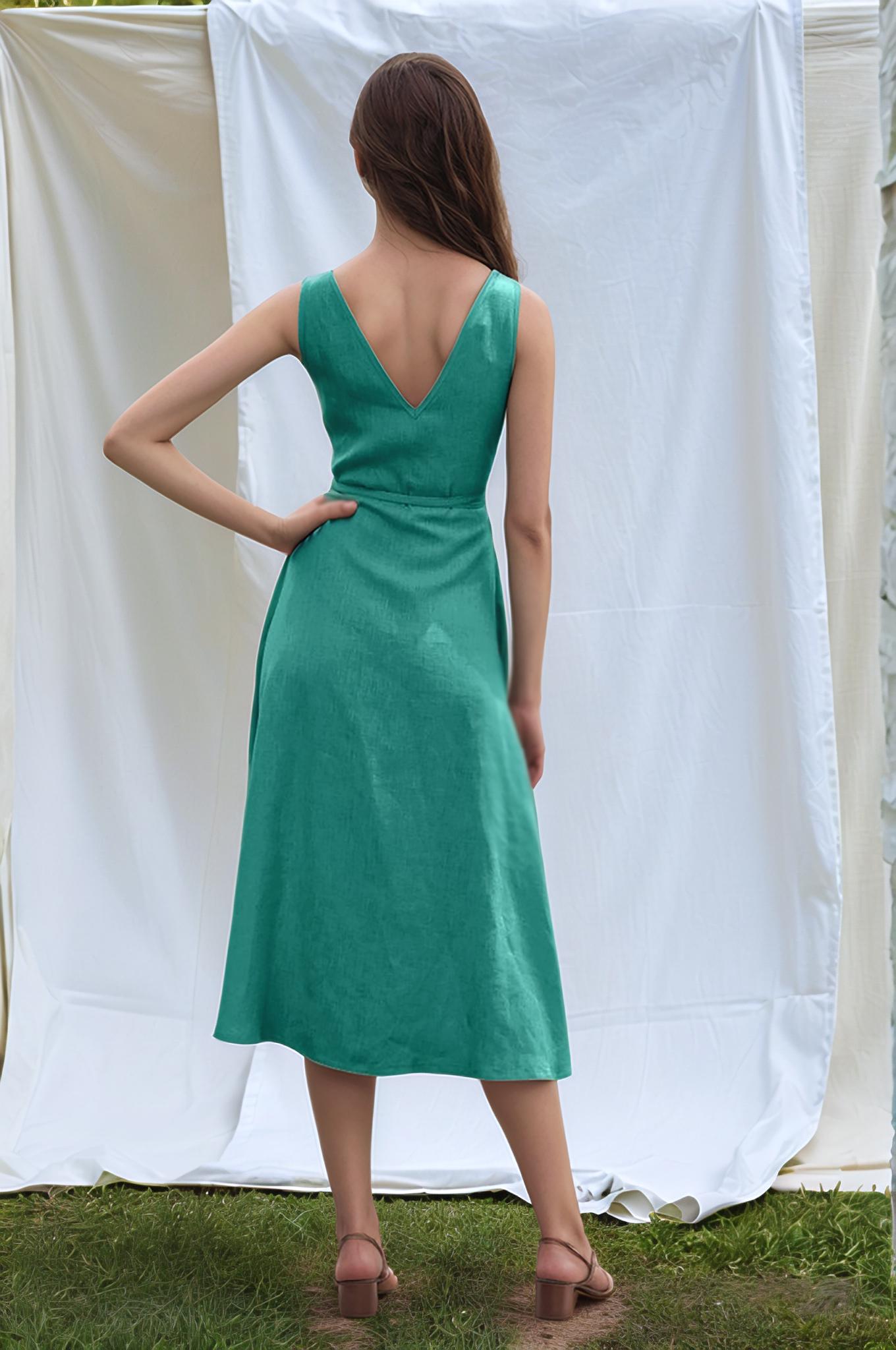 Elegant Linen Wrap Dress for Women – Sleeveless A-Line Midi Dress with Pockets for Summer & Vacation Style | SKU.25T11T4A