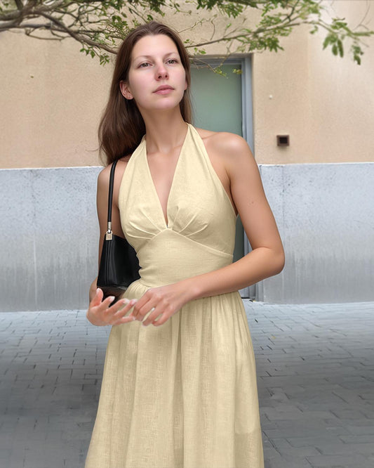 Elegant Halter Neck Maxi Dress - Soft Yellow Linen Summer Dress - Backless Beach Dress for Women | SKU.25T11T8E