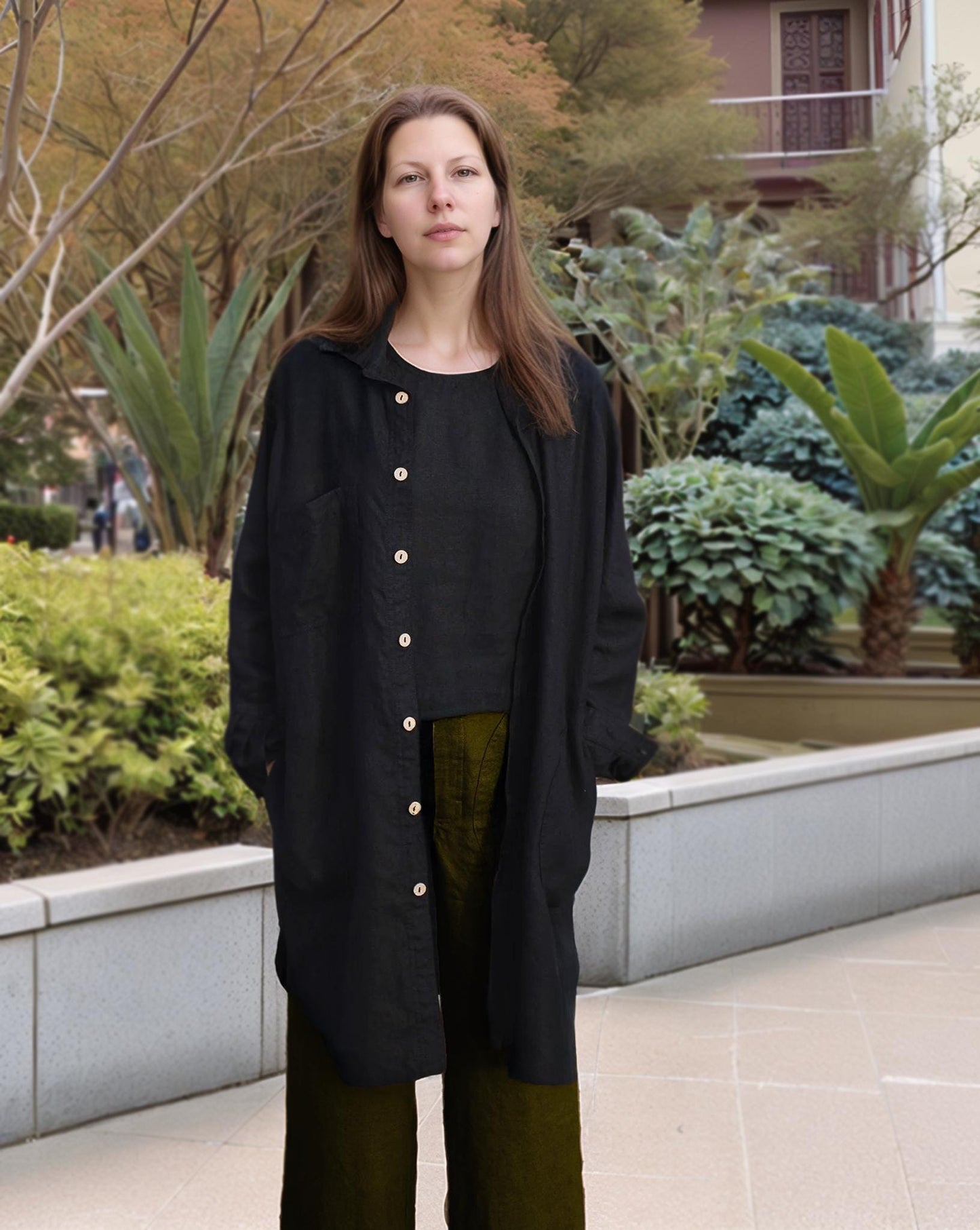 Oversized Linen Tunic Shirt - Longline Button-Up with Side Slits, Layering Top or Dress | SKU.25T22T3Q