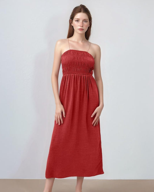 Elastic Linen Smocked Midi Dress – Summer Strapless Boho Sundress, Custom Fit Casual Vacation Outfit | SKU.25T15T5M