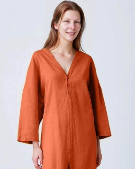 Linen Kaftan Dress - Relaxed V-Neck Long Tunic, Wide Sleeves, Minimalist Loose Fit, Natural Linen, Customizable | SKU.25T15T4K