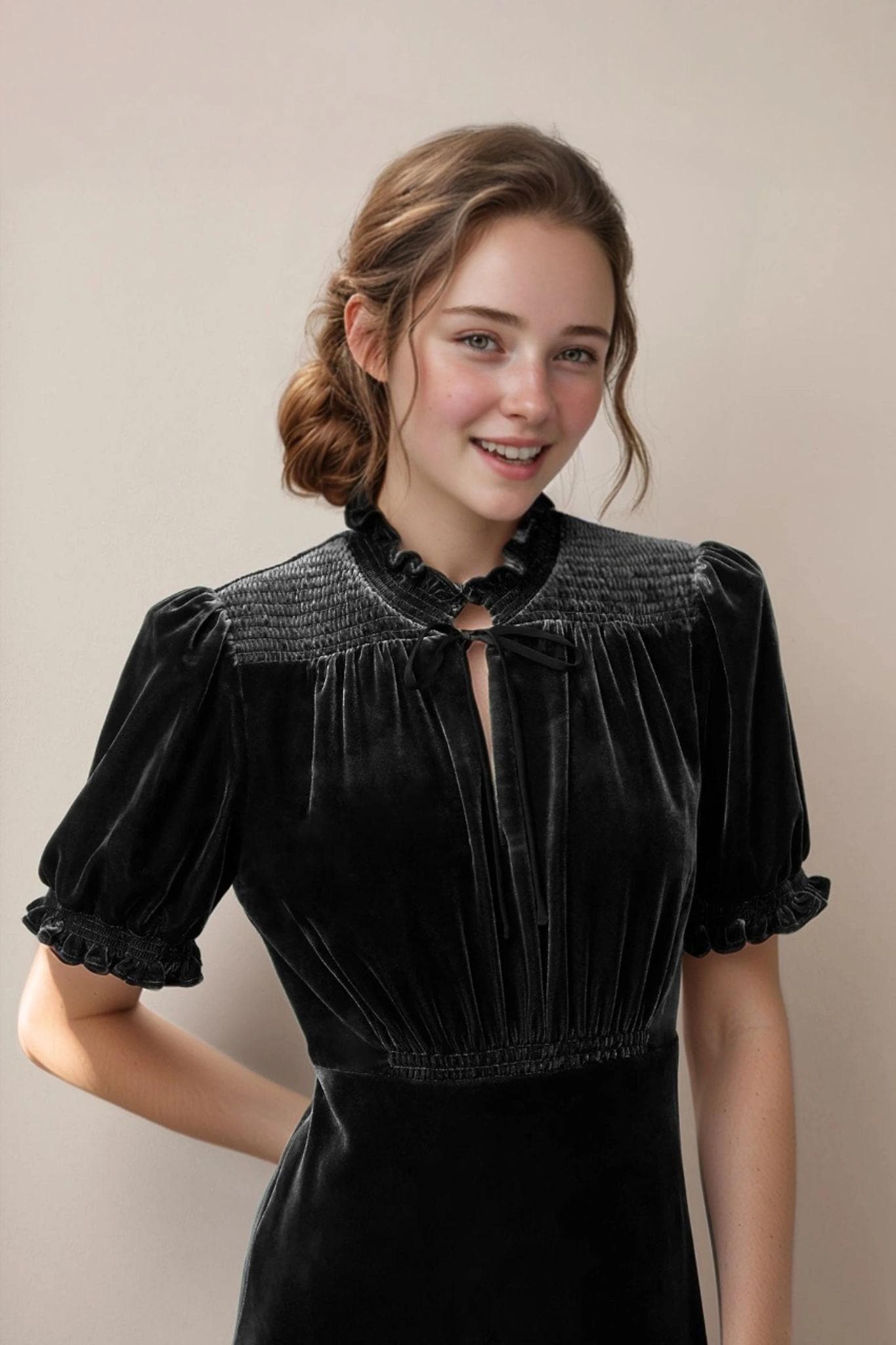 Black Velvet Midi Dress – Bias Cut Vintage-Inspired Dress with Puff Sleeves and Tie Neck | SKU.24T17T5F