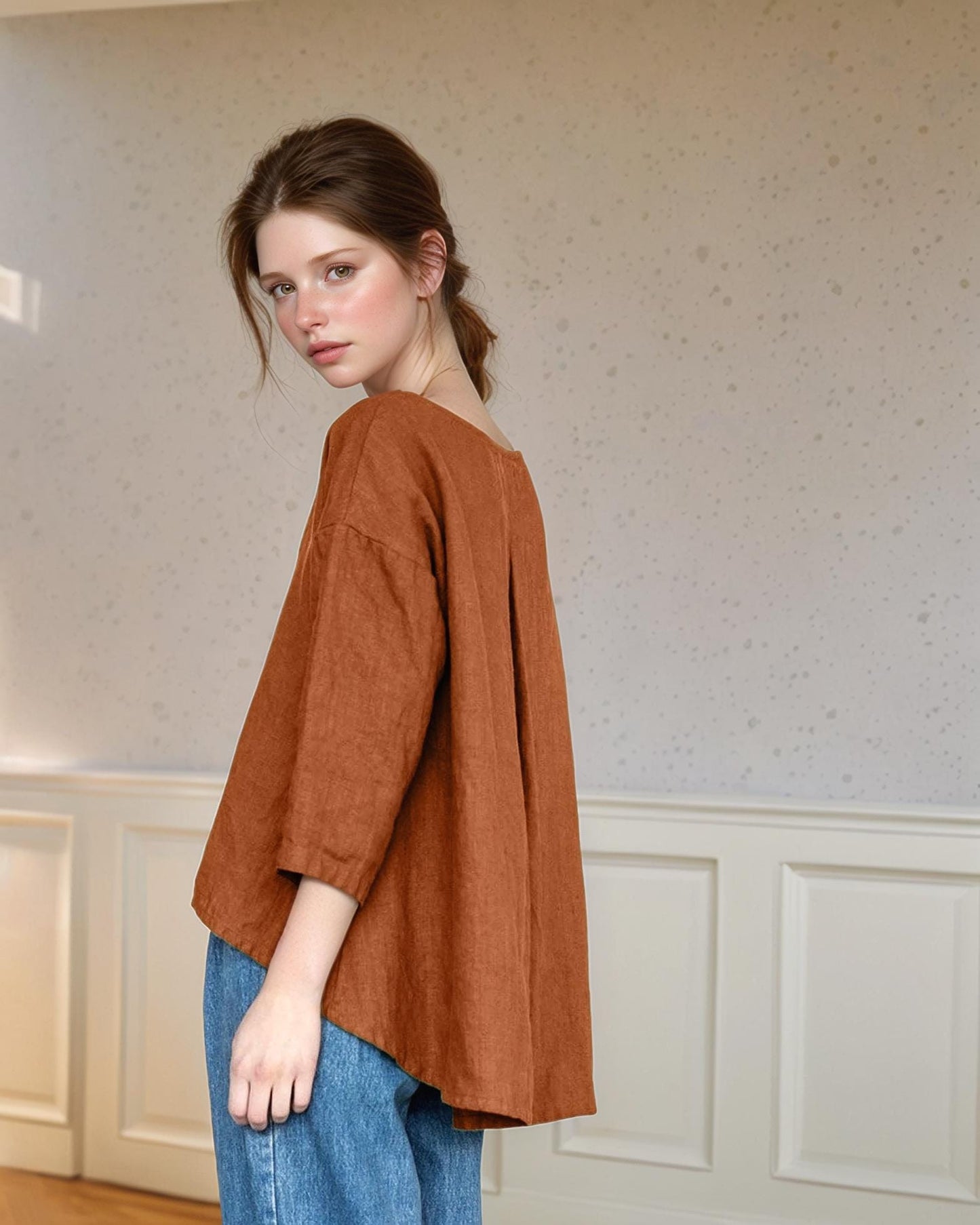 Linen Trapeze Top, Loose Fit Boxy Shirt, Cropped Front, Minimalist Linen Top, Casual Women's Shirt | SKU.25T22T3D