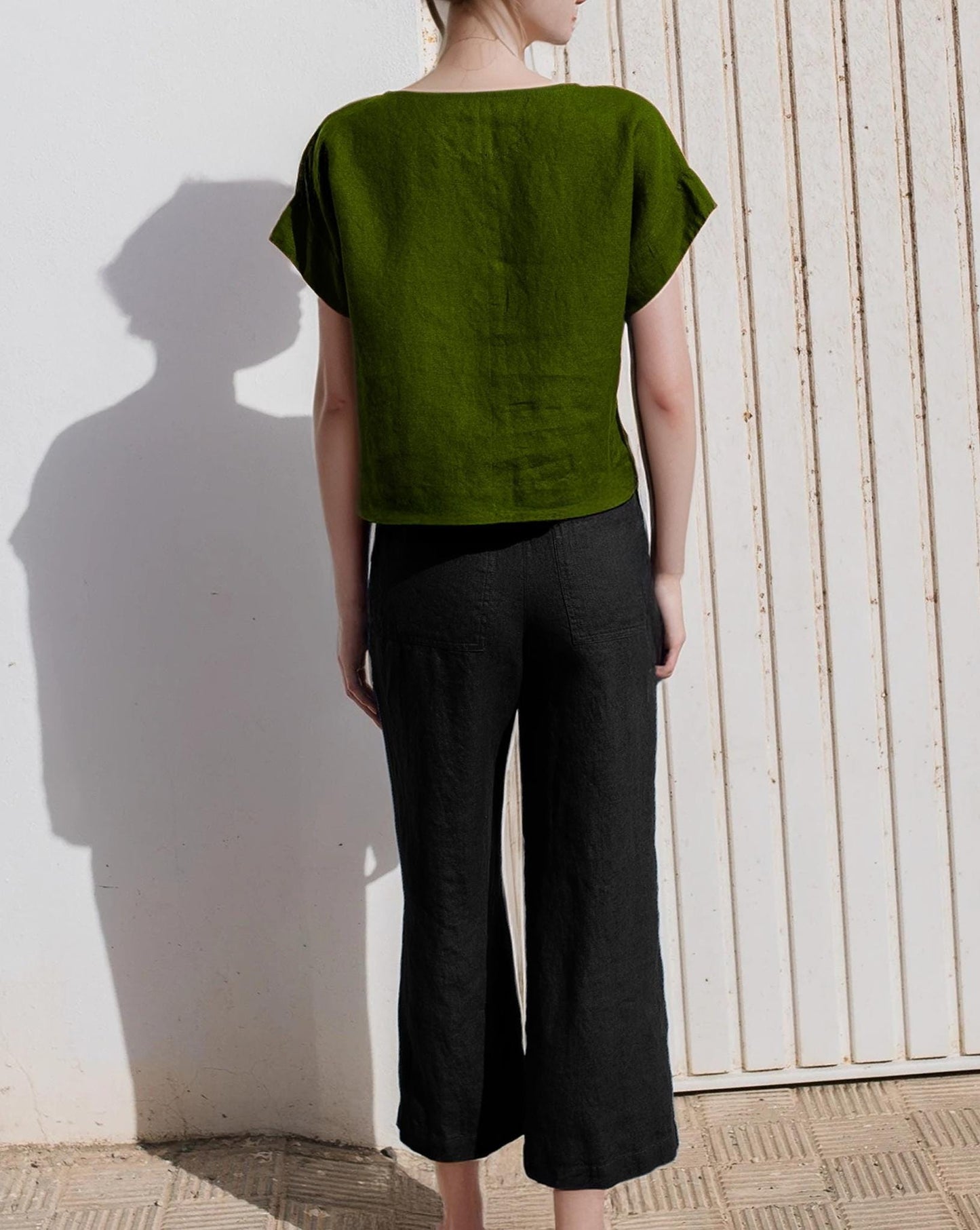 Women's Black Linen Wide-Leg Pants - High-Rise, Straight Cut, Elastic Waist, Patch Pockets, Belt Loops | SKU.25T22T2D