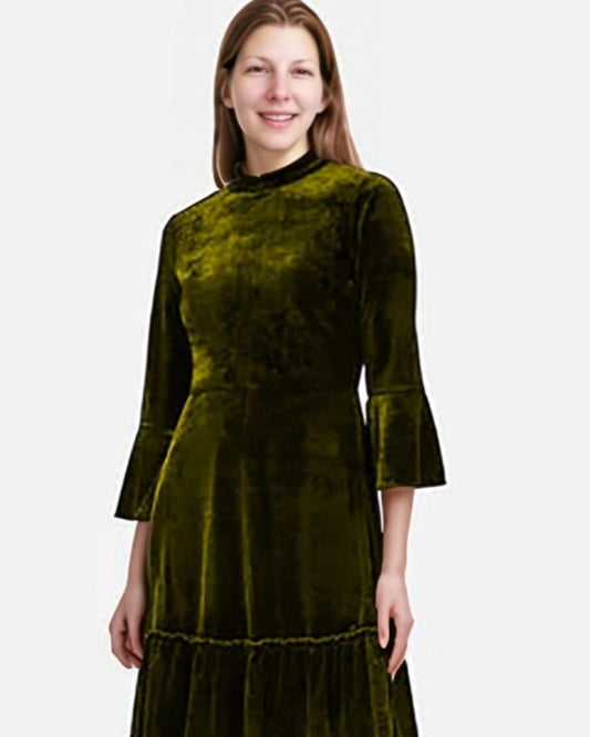 Vintage Olive Velvet Dress - High Neck Flare Sleeve Dress, Ruffled Hem Midi Dress, Elegant Retro Evening Dress | SKU.24T17T5M