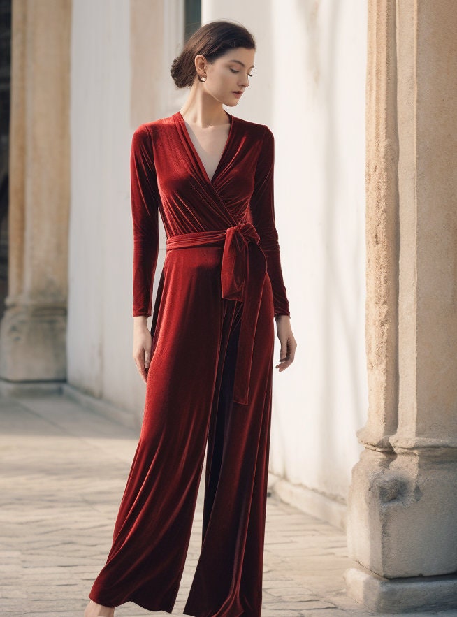 Chic Red Velvet Wide Leg Jumpsuit | Long Sleeves, Wrap Neck, Self-Tie Belt | Stylish Fall & Spring Outfit | Customizable | Personalizable