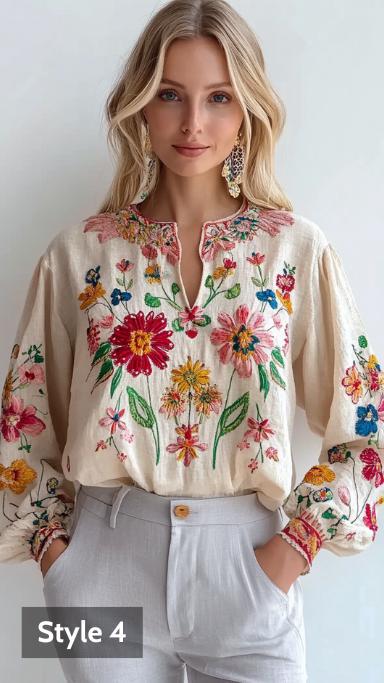 European Style Linen Blouse, Ethnic Boho Floral Top, Beige Floral Embroidered Blouse | 241026A