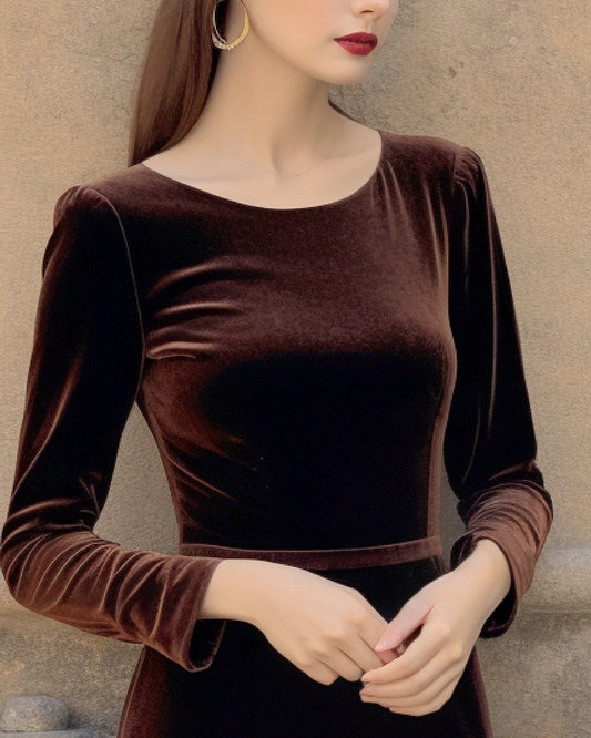 Chic Velvet Midi Dress - Boat Neck, Full Fitted Sleeves, Closed Back - Bridesmaids or Evening Events - Customizable and Personalizable