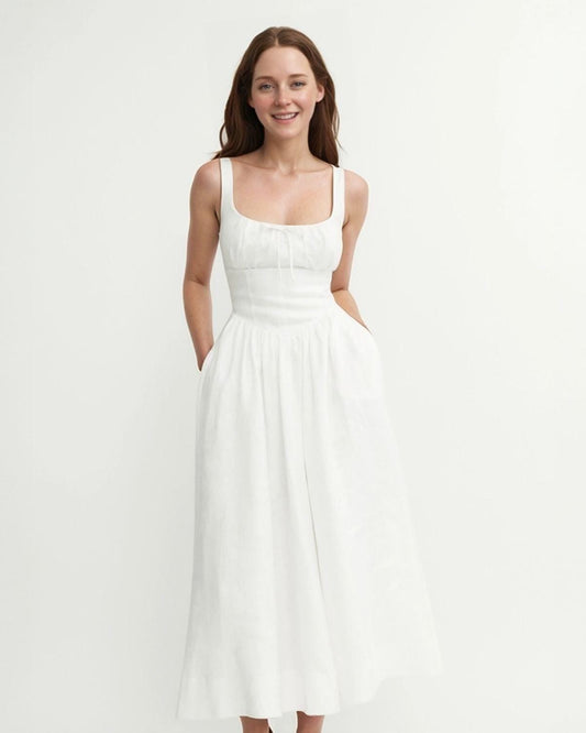 Elegant White Midi Dress in Elastic Linen, Square Neck Summer Dress, Sleeveless Custom Fit, Made to Order | SKU.25T15T4D