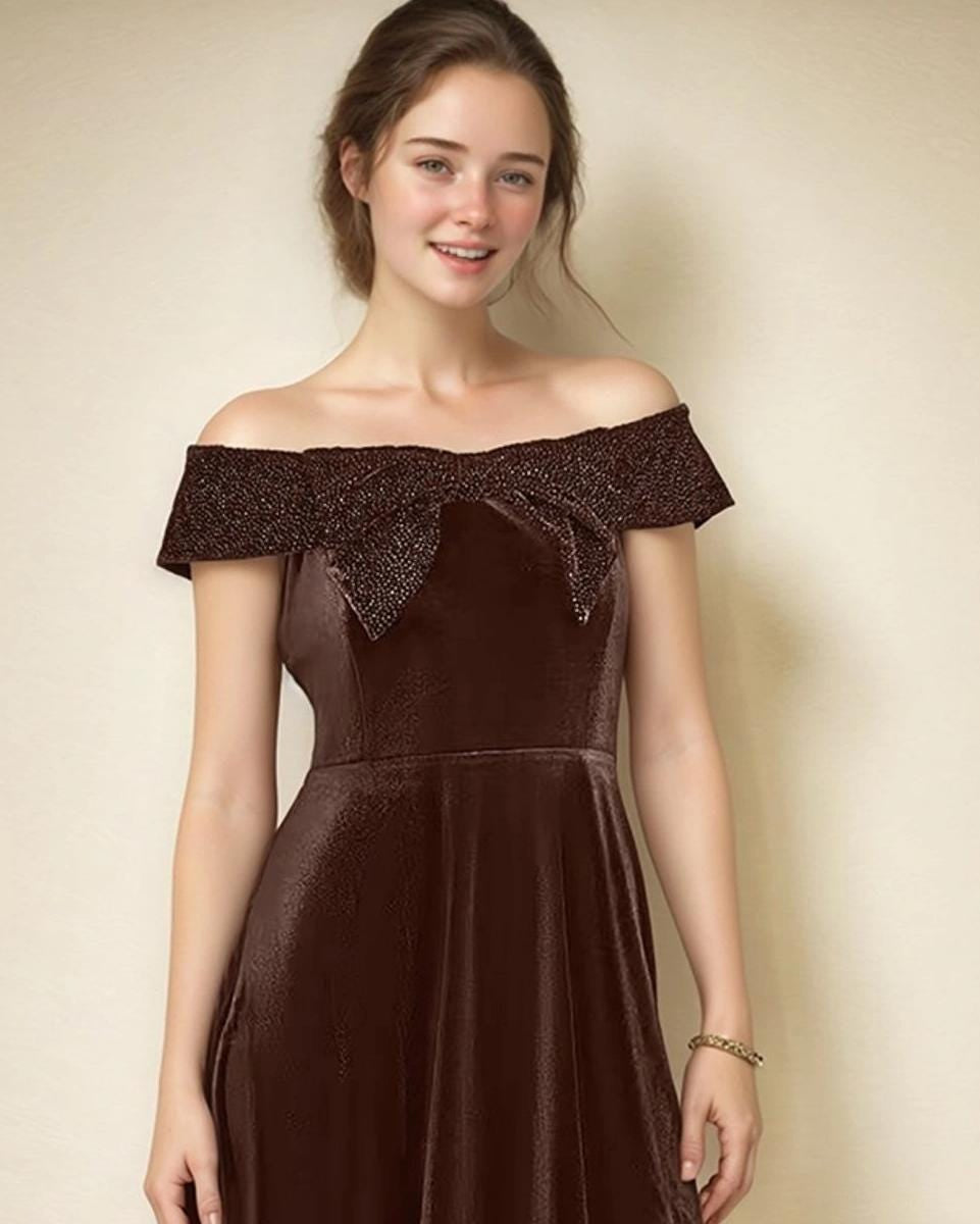 Brown Velvet Off Shoulder Skater Dress – Sparkly Bow Neckline Party Dress | SKU.25T17T6D