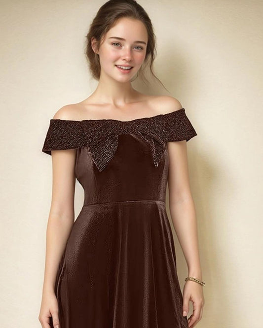 Brown Velvet Off Shoulder Skater Dress – Sparkly Bow Neckline Party Dress | SKU.25T17T6D