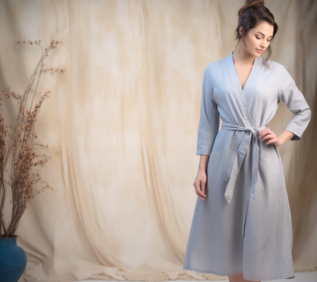 Stylish Women's Linen Wrap Dress | 3/4 Sleeves, True Wrap Closure | Side Seam Pockets | Below Knee Length | Customizable | 230919A