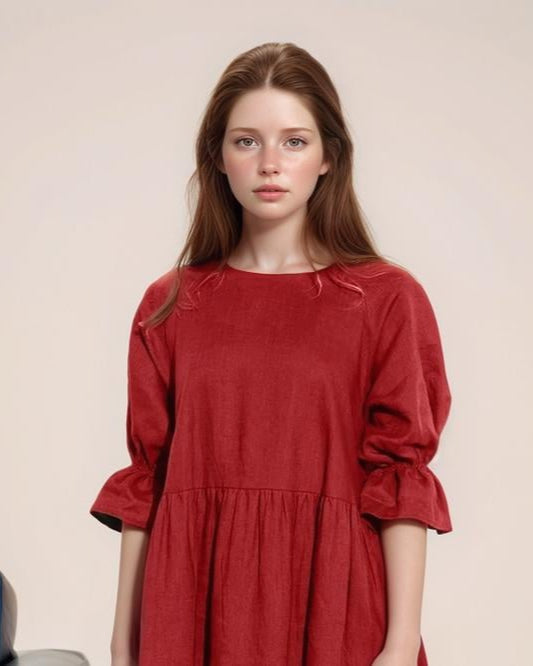 Rust Red Linen Dress – Loose Fit Midi Dress, Long Sleeve Casual Dress, Boho Chic Summer Dress | SKU.25T09T7B