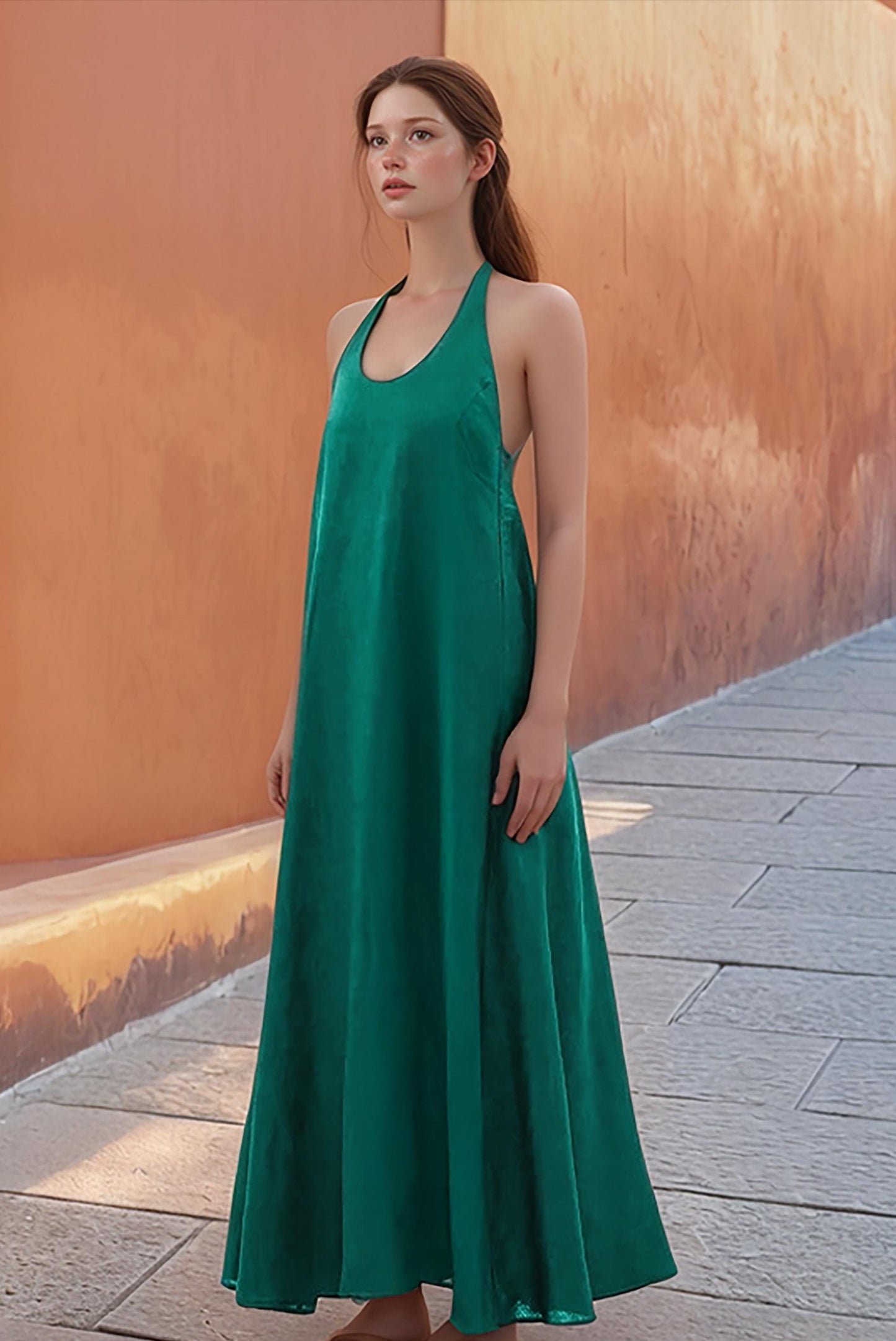 Custom Emerald Green Linen Halter Maxi Dress - Backless Summer Dress, Flowy Vacation Maxi, Sleeveless Resort Dress for Women | SKU.25T14T5B