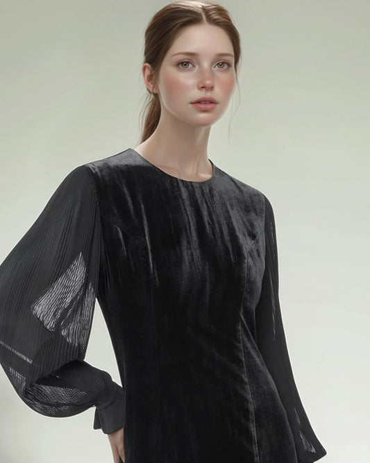 Black Velvet Mini Dress with Sheer Long Sleeves – Elegant Round Neck Party Dress for Women | SKU.25T17T6K