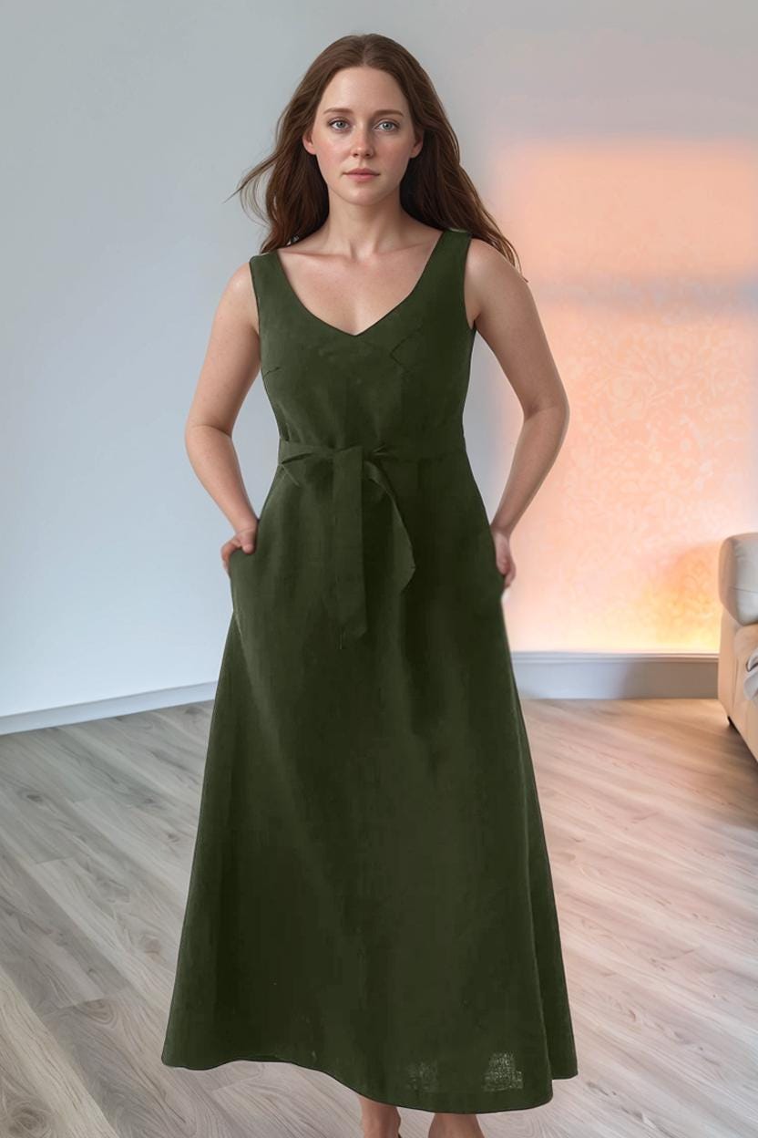 Linen Maxi Dress, Sleeveless Summer Dress, V-Neck Long Dress with Waist Tie, Elegant Flowy Women's Outfit | SKU.25T14T7M