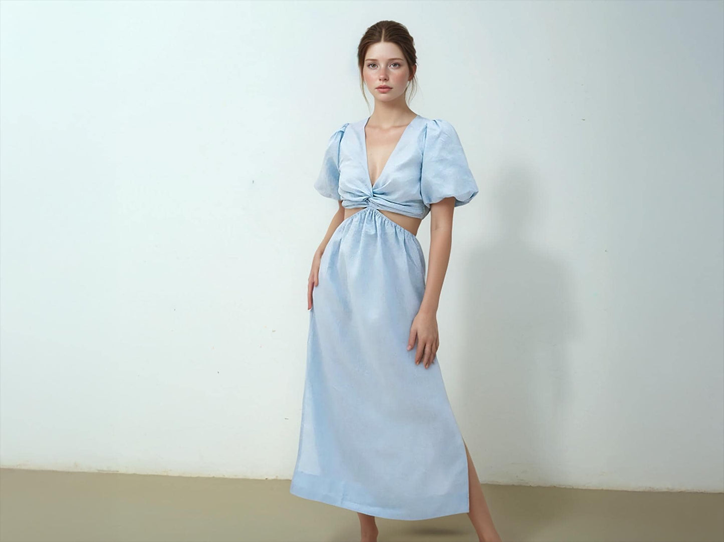 Puff Sleeve Cut-Out Linen Dress, Baby Blue Two-Piece Dress, Summer Vacation Dress, Boho Chic Maxi Dress | SKU.25T15T3G
