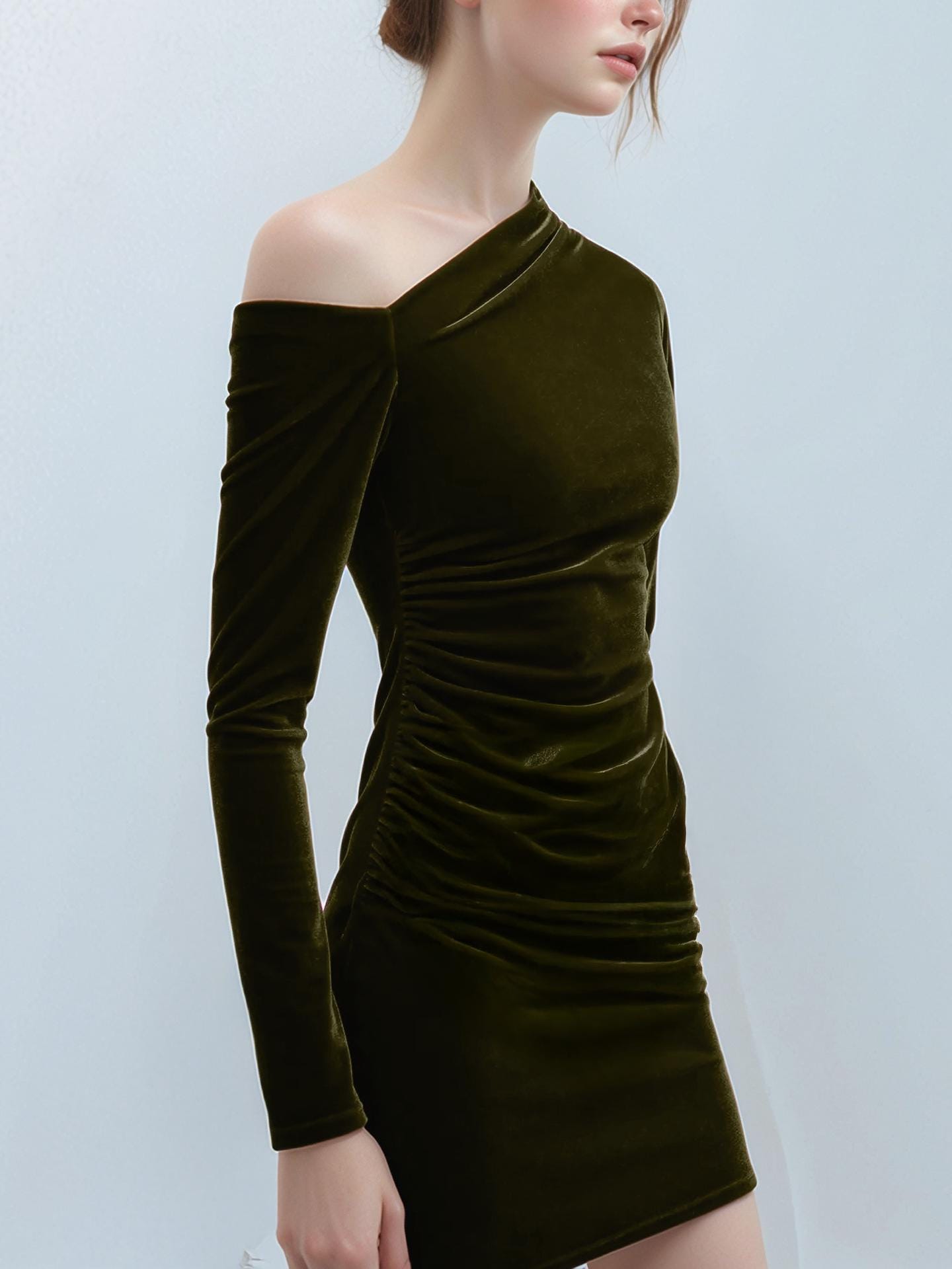 One Shoulder Velvet Mini Dress – Olive Green Bodycon Dress with Long Sleeves for Party & Night Out | SKU.25T17T6F
