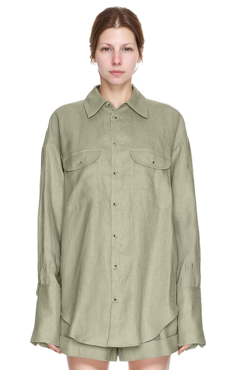 Linen Button Down Shirt Women - Long Sleeve Oversized Blouse with Front Pockets, Casual Lightweight Spring Shirt | SKU.25T22T4N