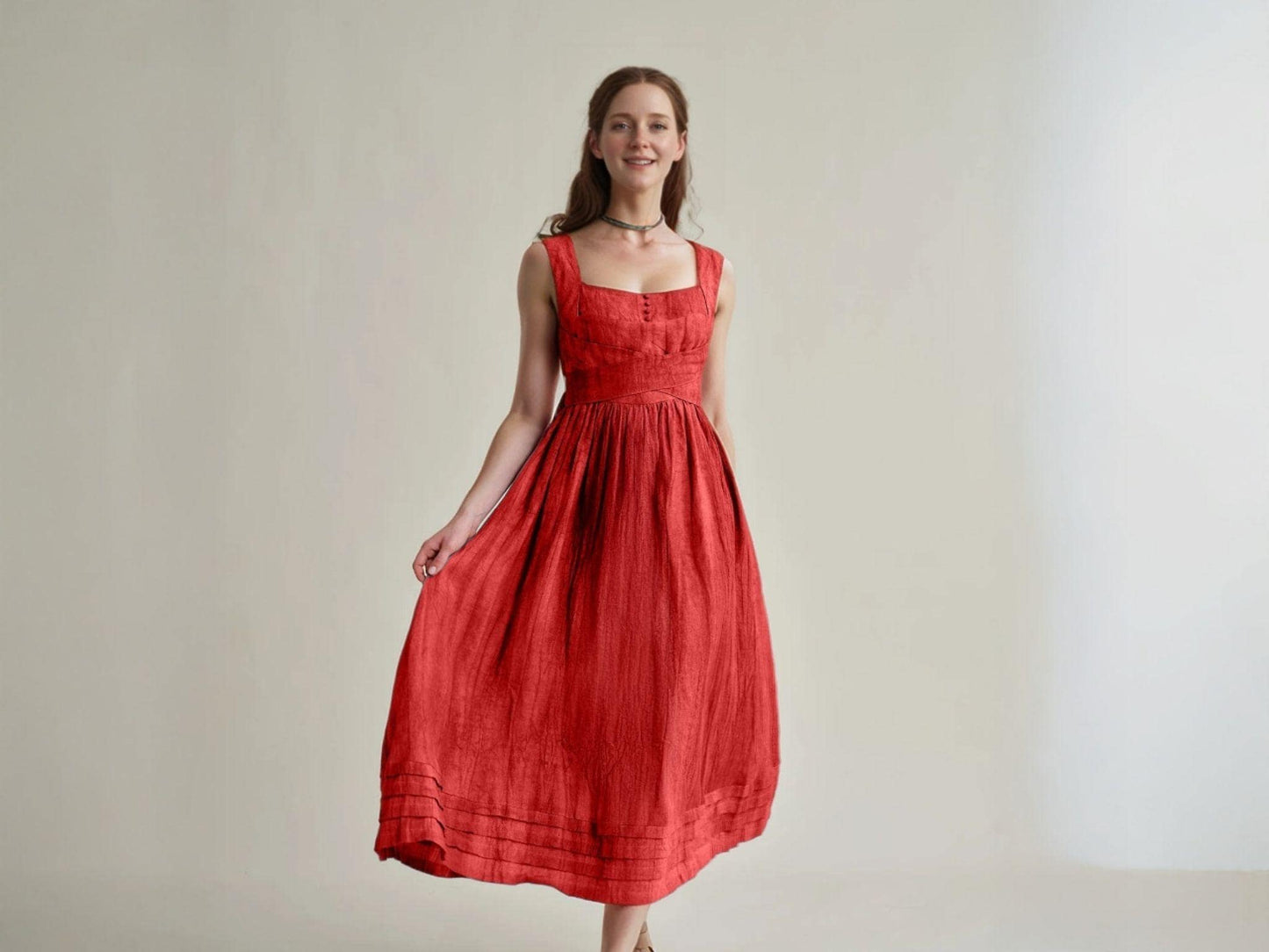 Custom Red Midi Dress, Vintage Style Sleeveless Summer Dress, Elegant Back Bow Dress, Retro Party Outfit | SKU.25T14T6E