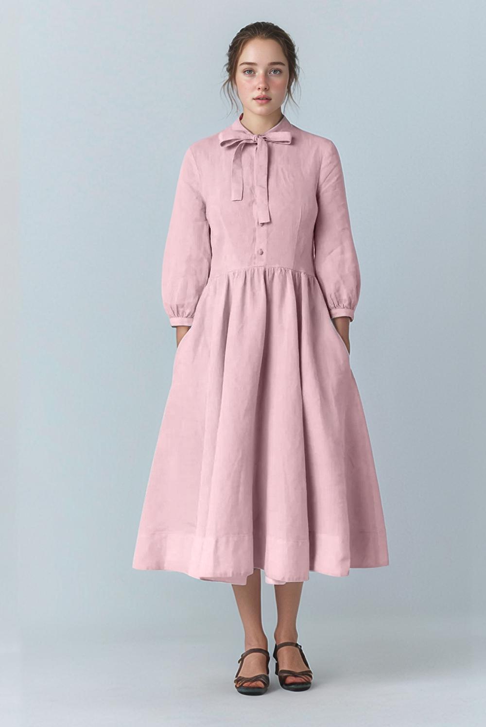 Vintage Blush Pink Linen Dress – Long Sleeve Midi Dress with Bow Tie Neck | SKU.25T11T5A