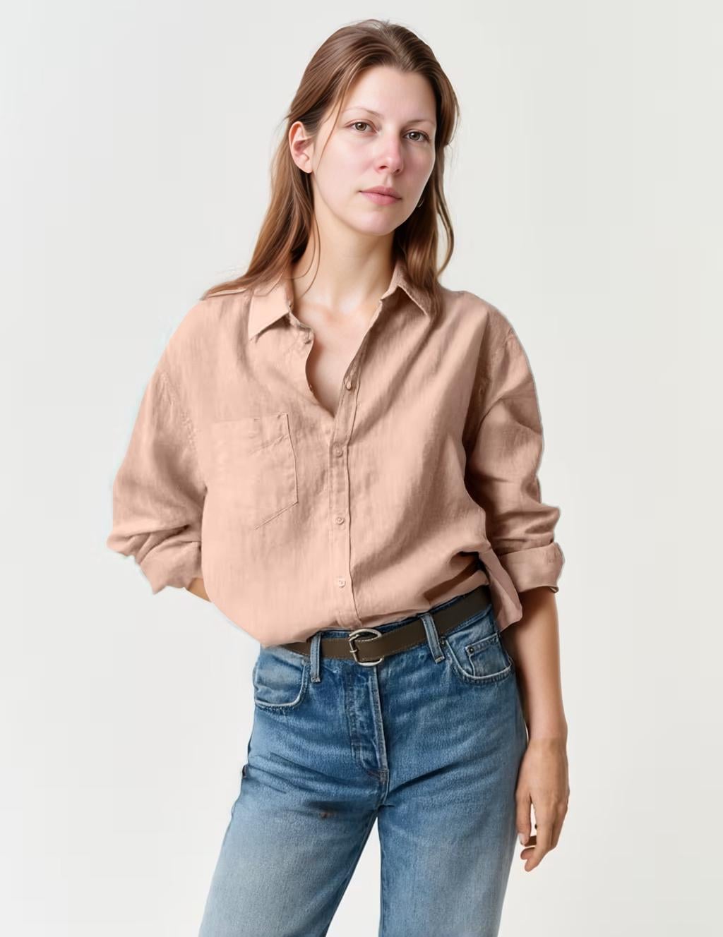 Women's Linen Shirt - Classic Button Down, Relaxed Fit, Lightweight Long Sleeve Blouse with Pocket for Spring & Summer | SKU.25T22T3U