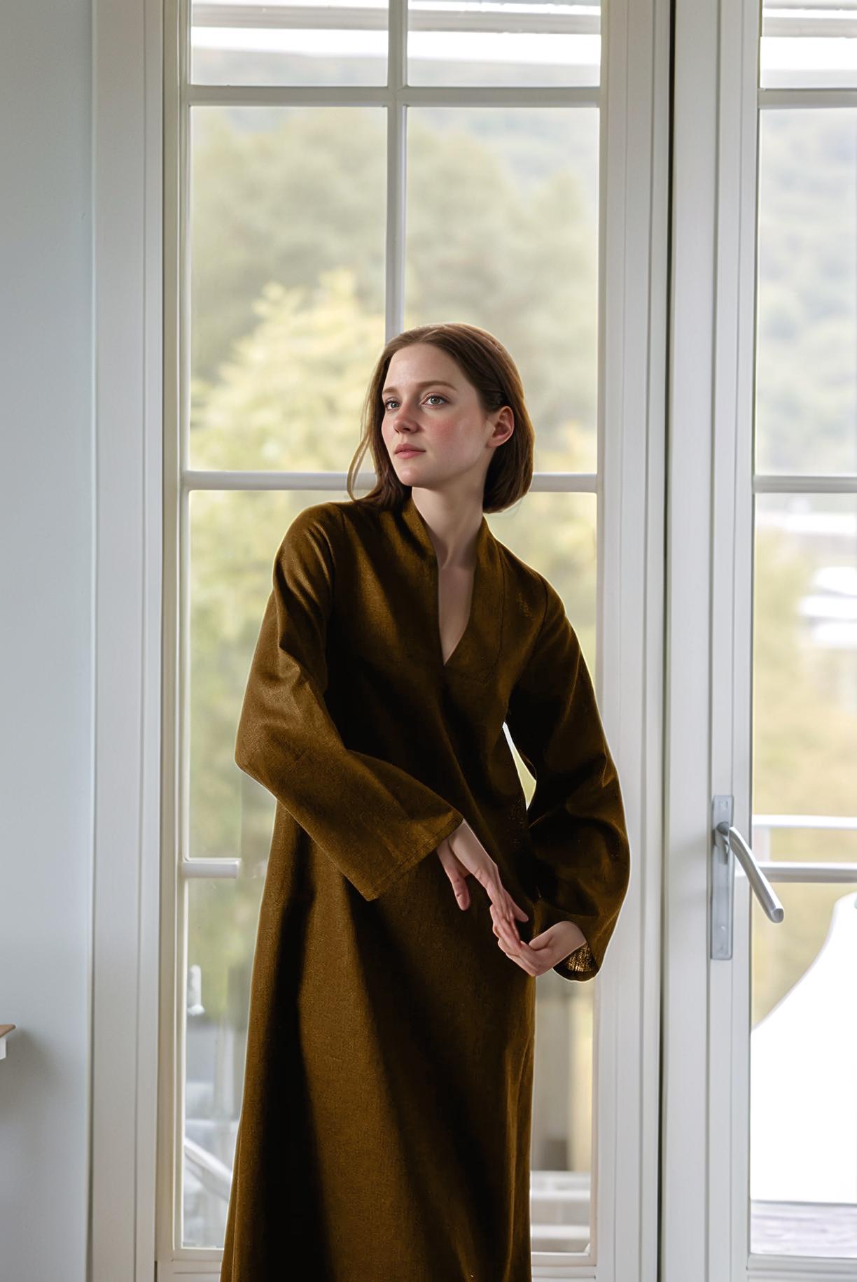 Minimalist Brown Linen Kaftan Dress, Long Sleeve Natural Fiber Maxi Dress | SKU.25T11T2E