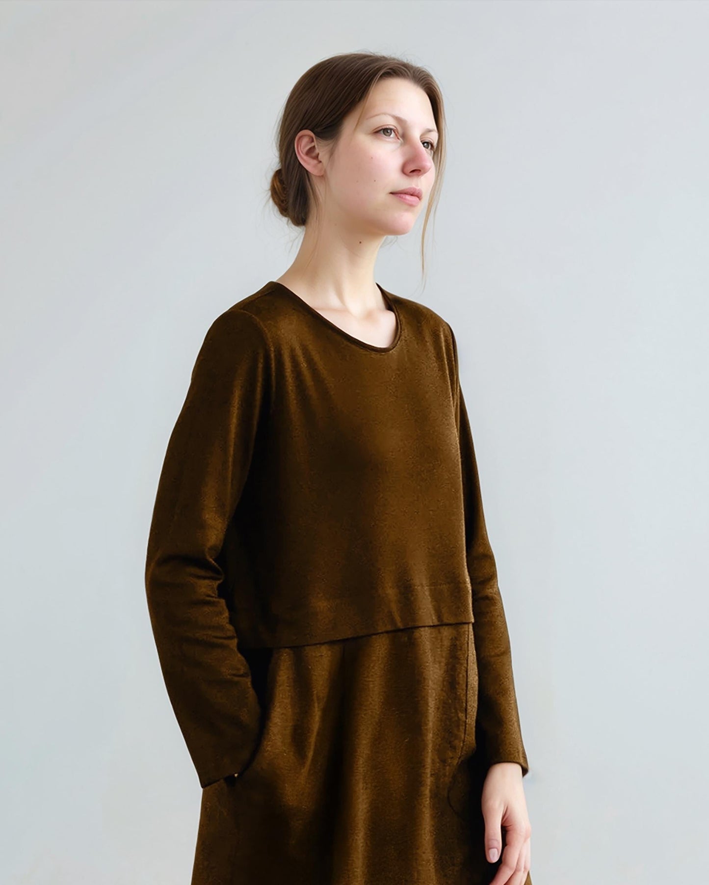 Linen Long Sleeve Shift Dress, Relaxed Fit, Pockets, Minimalist Fall Style, Brown Velvet, Casual Winter Dress | SKU.25T14T7G