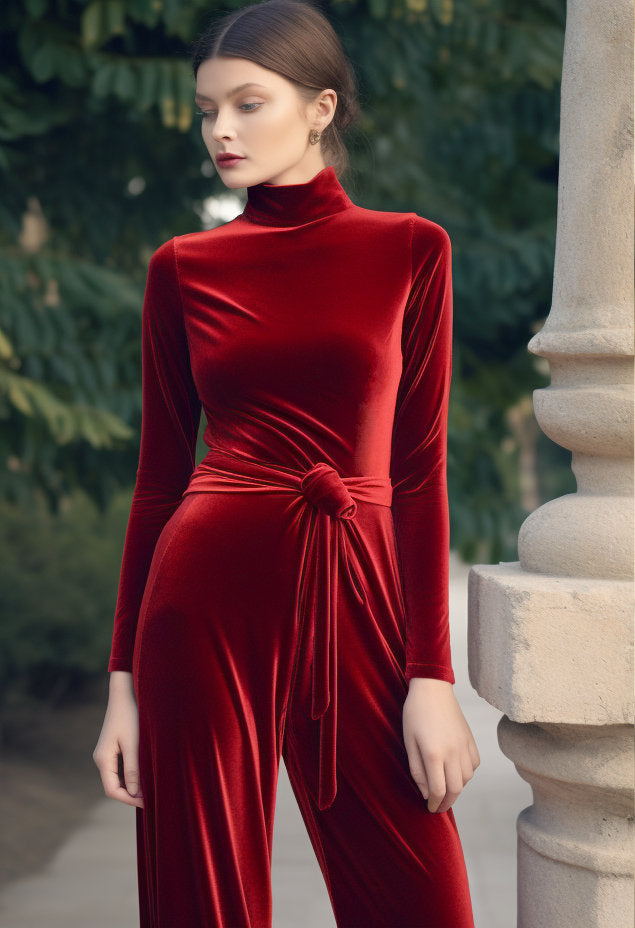 Chic Women's Wide Leg Velvet Jumpsuit | Long Sleeves & Belt | Stylish Wrap Romper | Plus Size - Velvet Wide Leg Jumpsuit | Velvet Turtleneck