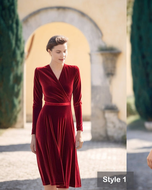 Versatile Velvet Midi Dress | Bridesmaid Dress | Long Sleeves, Self-Tie Belt | Spring & Fall | Custom Handmade | Plus Size Gowns