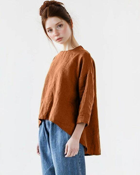 Linen Trapeze Top, Loose Fit Boxy Shirt, Cropped Front, Minimalist Linen Top, Casual Women's Shirt | SKU.25T22T3D