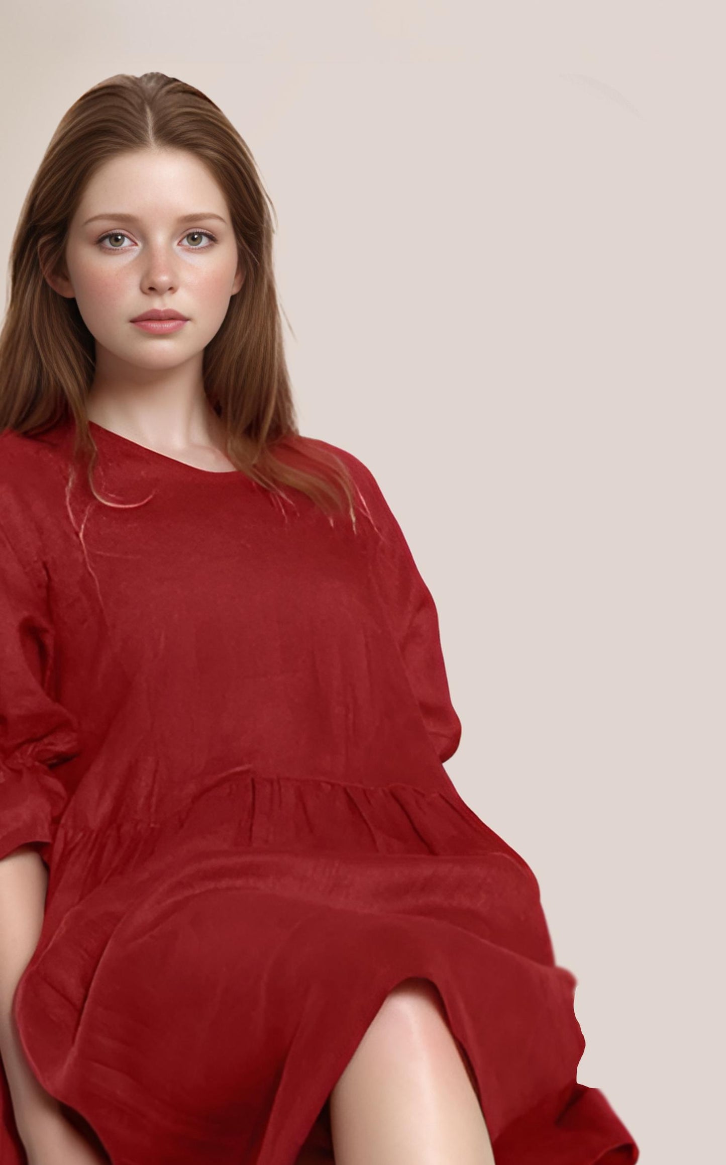 Rust Red Linen Dress – Loose Fit Midi Dress, Long Sleeve Casual Dress, Boho Chic Summer Dress | SKU.25T09T7B