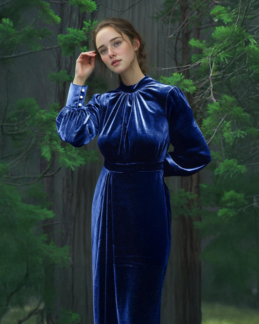 Royal Blue Velvet Long Dress with Sleeves and Back Tie – Elegant Full-Length Evening Gown | SKU.24T17T5A