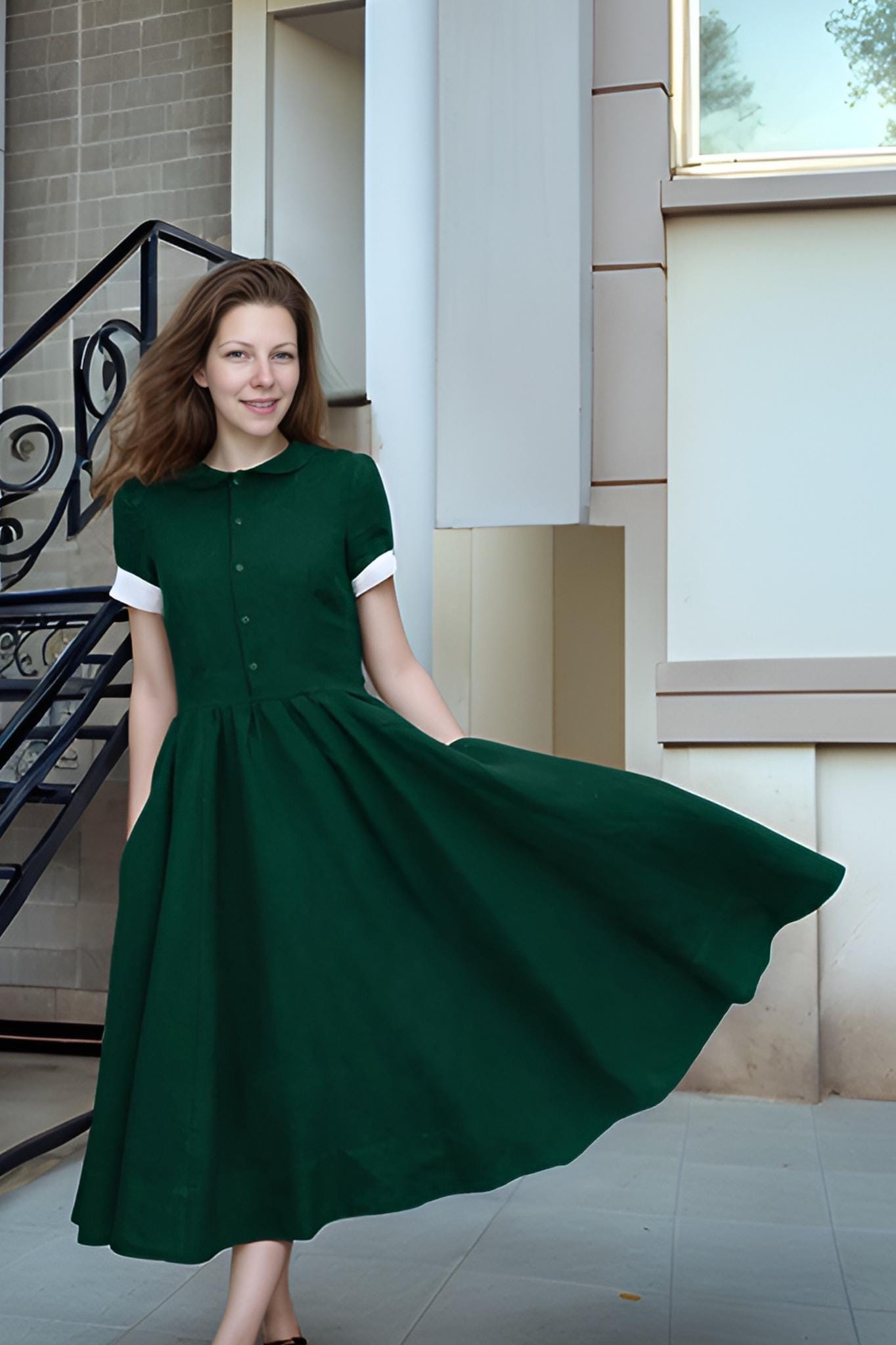 Vintage-Inspired Green Linen Dress – Peter Pan Collar, Short Sleeve Midi Dress with Pockets | SKU.25T10T2B