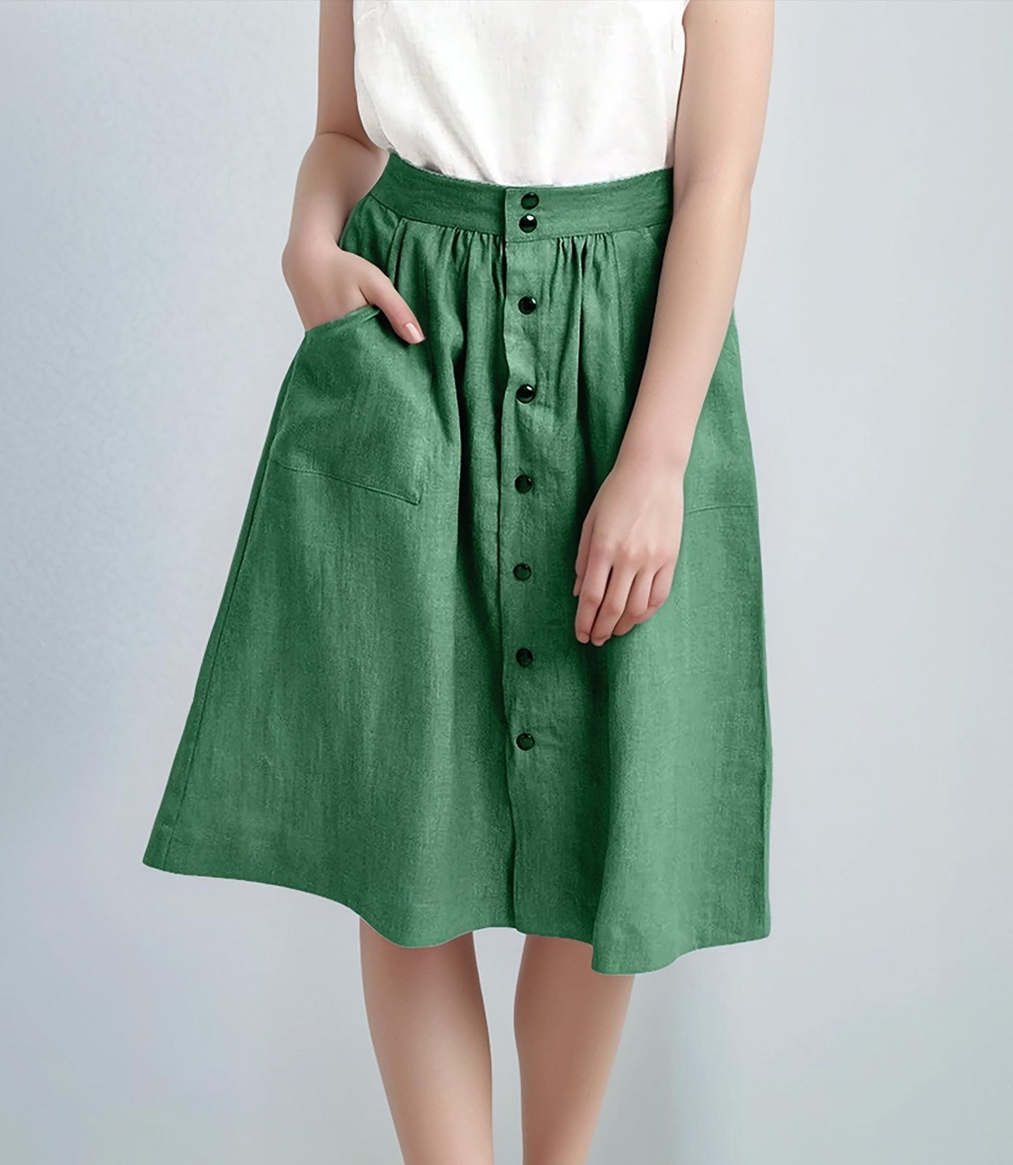 High-Waisted Button-Front Linen Skirt – Vintage A-Line Midi Skirt with Pockets| SKU.25T12T2A