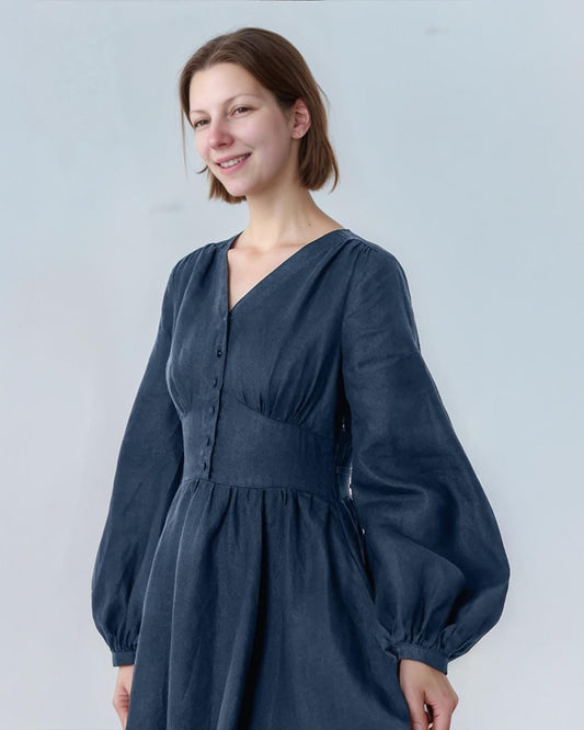 Vintage-Inspired Linen Midi Dress – Elegant Puff Sleeve Dress with Waist Tie | SKU.25T11T5B