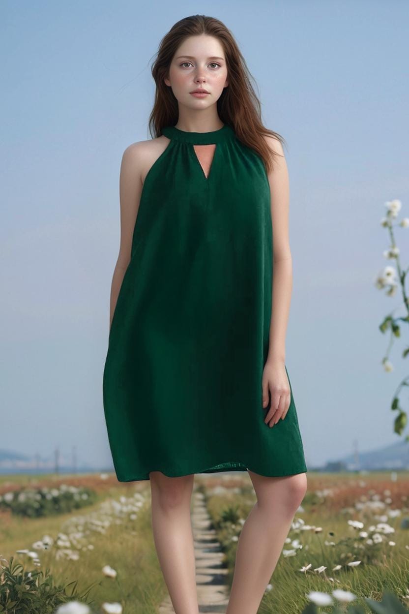 Custom Halter Neck Linen Blend Dress - Sleeveless Summer Sundress with Waist Tie for Parties & Vacations | SKU.25T14T4C