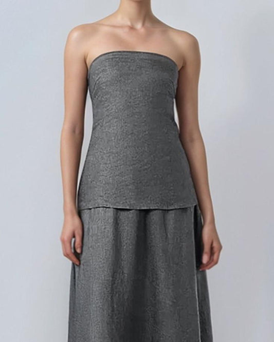 Custom Grey Strapless Maxi Dress, Sleeveless Summer Linen Look Dress for Women, Minimalist Formal | SKU.25T14T5C