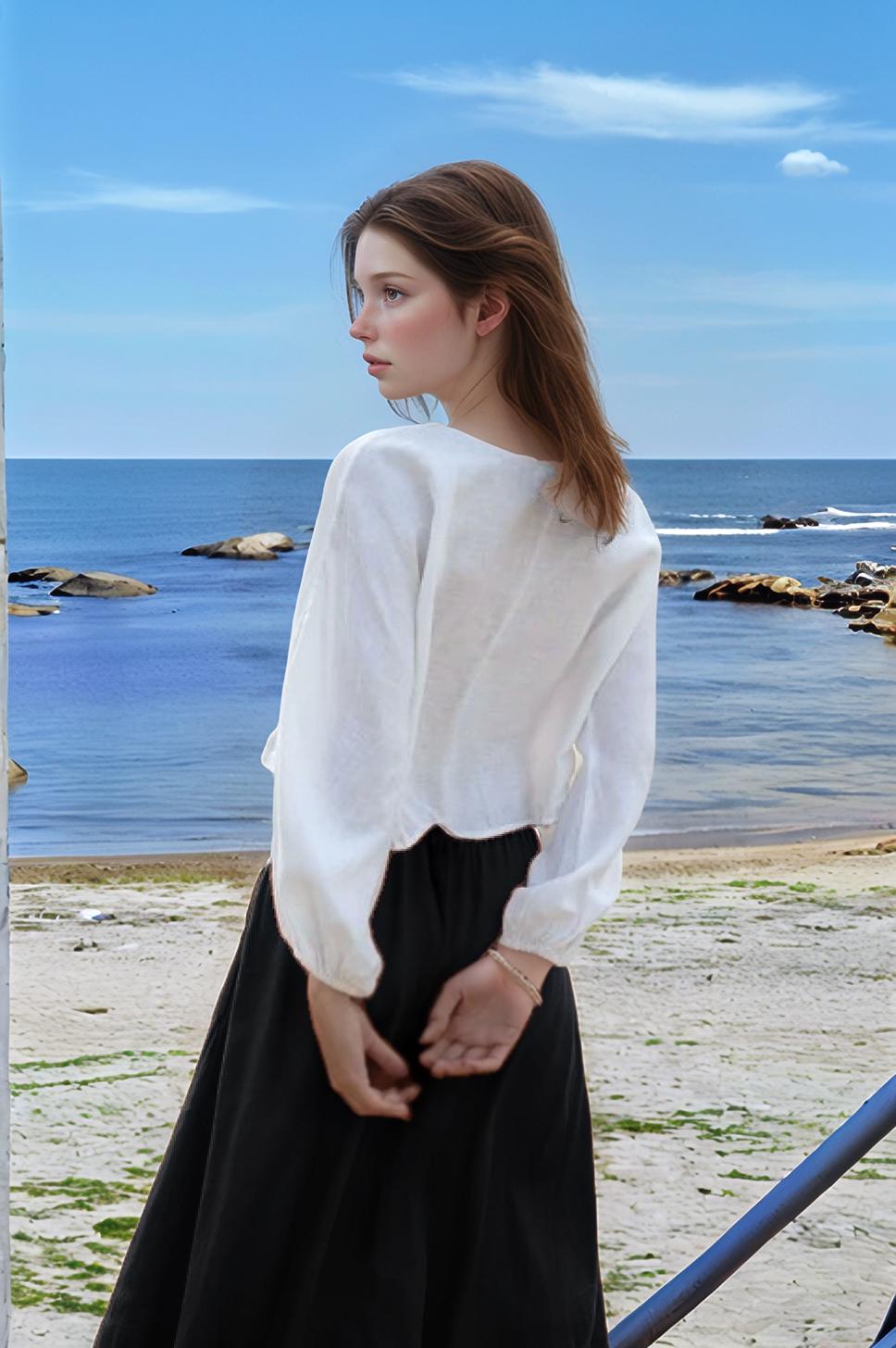 White Linen Blouse for Women - Long Puff Sleeve, Cropped Relaxed Fit, Boho Coastal Top, Handmade Summer Shirt | SKU.25T15T5C