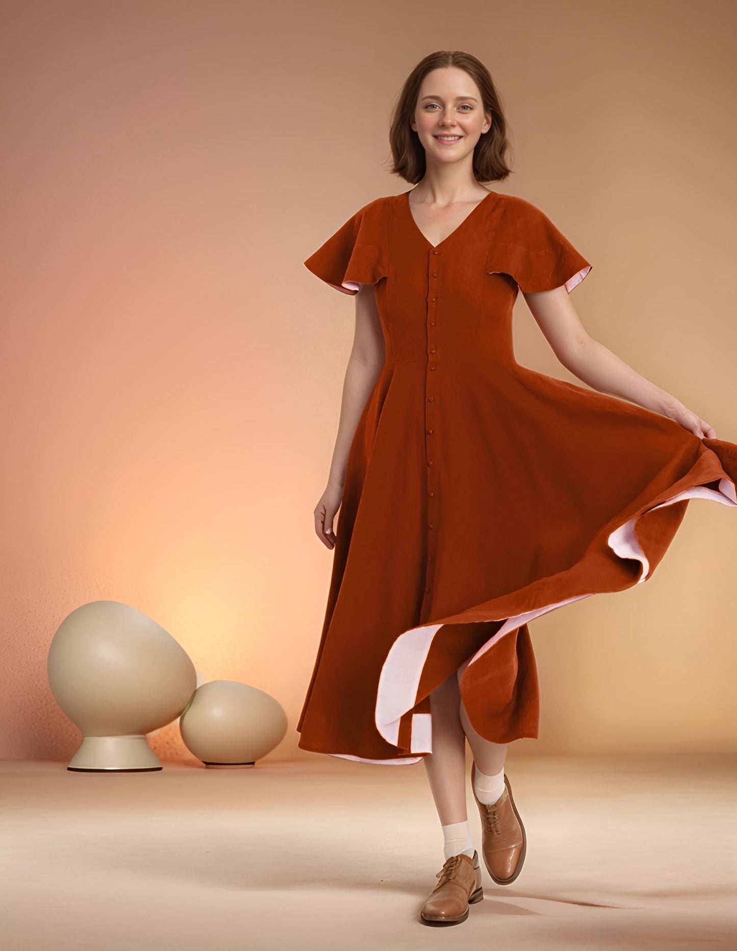 Rust Linen Midi Dress with Flutter Sleeves – Button Front Summer Dress for Women | SKU.25T10T2A
